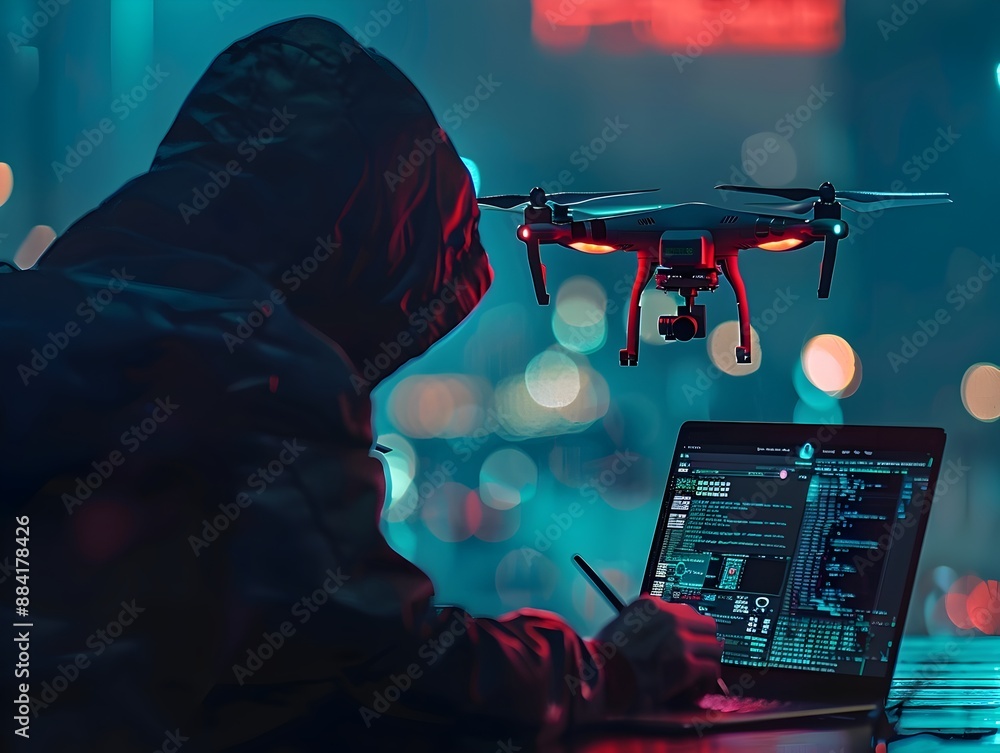 Poster hacker infiltrating drone s control system with live feed on laptop