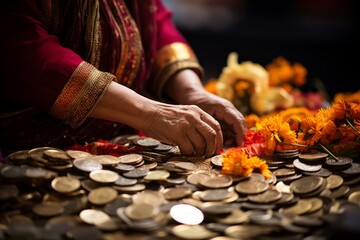 Close up of elderly woman counting coins with vibrant hues for accurate search results