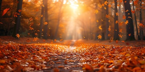Autumn path covered in fallen leaves with warm sunlight