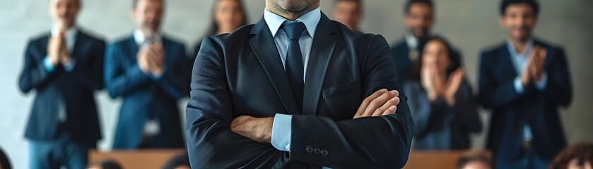 Confident CEO Stands Before Cheering Employees Celebrating Business Success and Milestone