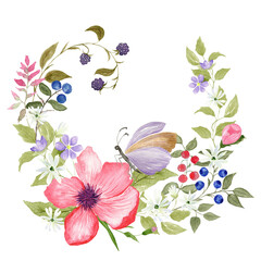 Hand painted watercolor wreath of wildflowers and butterfly with floral round frame and place for text isolated on transparent background. For wedding cards, invitations, save the date.