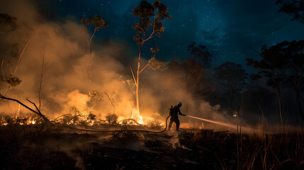 Silhouette of  a farmer fighting bushfire at night, man against the fire.