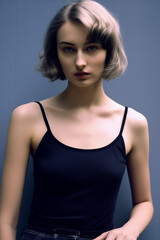 Portrait of a European Girl with Short Hair and Blue Eyes, holding blueberries