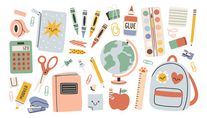 School stationery and Art Supplies Set, cartoon. Kawaii accessories for study, student equipment. Back to school.