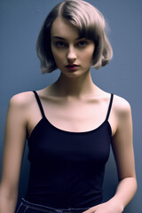Fototapeta premium Portrait of a European Girl with Short Hair and Blue Eyes, holding blueberries