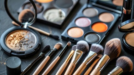 Makeup Brushes and Palette on Black Background