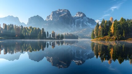 Fototapeta premium Tranquil mountain landscape with a lake reflection, offering a peaceful and natural background. 