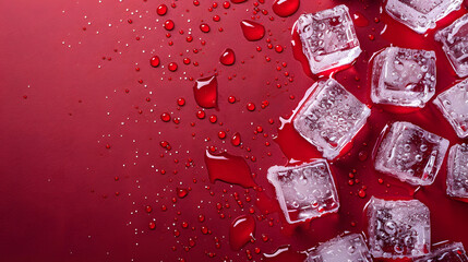 Crystal clear frosty ice cubes with dew-like water droplets on red background