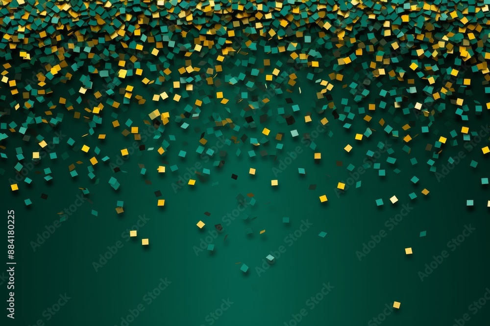 Poster abstract green background with yellow confetti and ample space for customized text placement