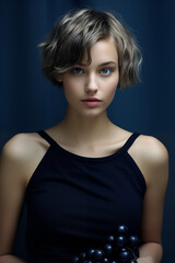 Fototapeta premium Portrait of a European Girl with Short Hair and Blue Eyes, holding blueberries