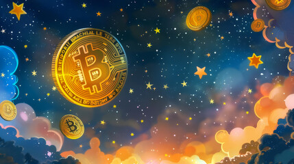 Bitcoin and stock market symbols merging in a starry space scene, Bitcoin to the moon, cosmic finance