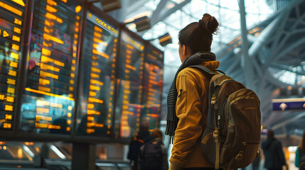 A young woman with a backpack standing at a bustling airport, looking at a departure board with excitement.