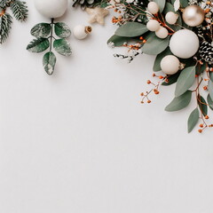 festive happy new year set on white background with a lot of free space for text, flat lay, green leaves and white balls, stars, design template for merry christmas greeting card, poster, banner