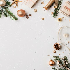 festive happy new year set on white background with a lot of free space for text, flat lay, fir branches, golden balls and stars, design template for merry christmas greeting card, poster, banner