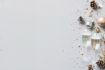 festive happy new year set on white background with a free space for text, flat lay, two glasses of champagne and winter decor, design template for merry christmas greeting card, poster, banner