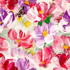 Seamless pattern of abstract painting flowers, original hand drawn, impressionism style, color texture, brush strokes of paint, art background.