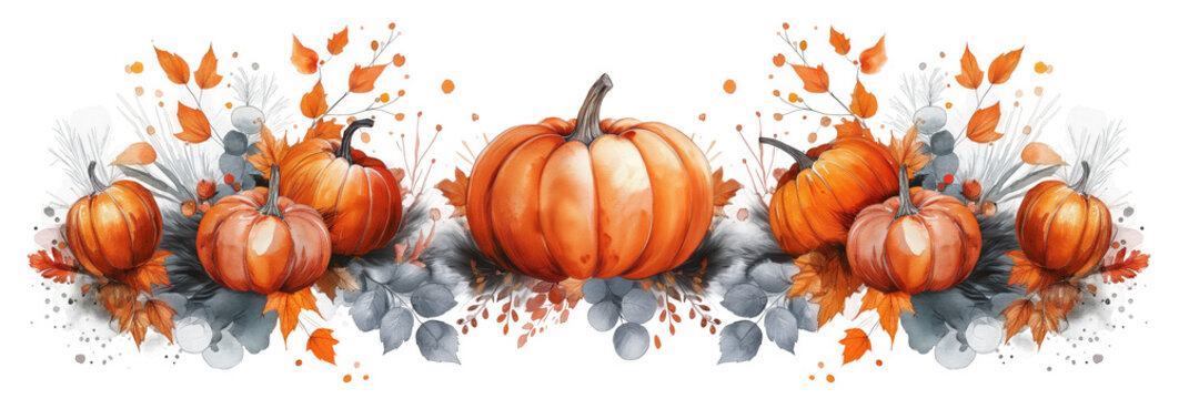 watercolor painting style illustration, autumn foliage with orange pumpkins Halloween clipart , PNG die cut isolated transparent background, idea for page header or footer 