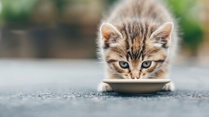 A kitten drinking milk from a saucer, its tongue delicately lapping at the liquid.