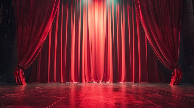 Red theater stage curtains with spotlight illuminating empty wooden floorboards