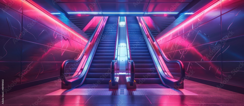 Wall mural Neon Escalator in a Modern Underground Passage