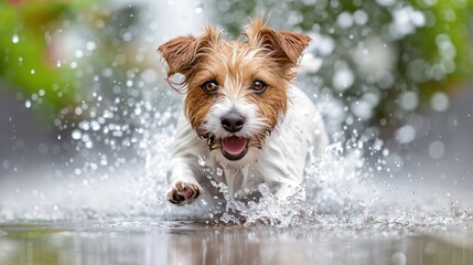 A small dog running through a sprinkler, droplets of water sparkling around it.