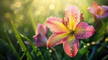 Pink Lily with Dew Drops in Sunlight