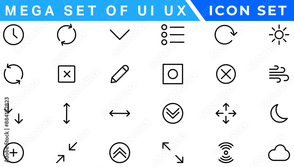 Poster mega set of ui ux icon set, user interface iconset collection. basic user interface essential set. 2
