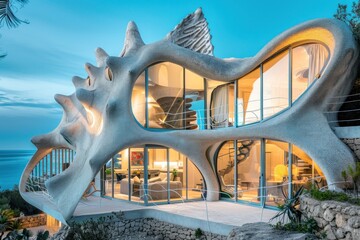 Innovative bone-like structure of a coastal home creates an artistic living space, blending modern design with organic forms by the sea.
