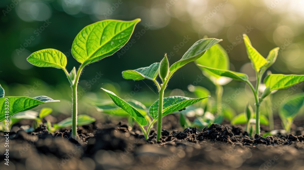 Poster new life: young plants growing in the warm sunlight