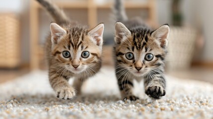 A pair of kittens playing with a laser pointer, chasing the red dot energetically.