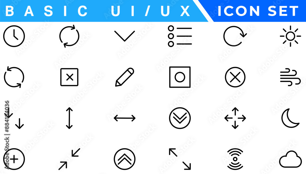 Poster basic ux/ui icons, web & app desogm icon set. ui ux line icon, user interface iconset collection.
