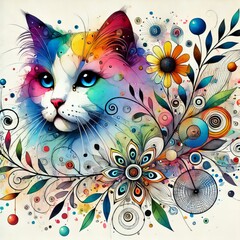 abstract cat floral background with butterflies