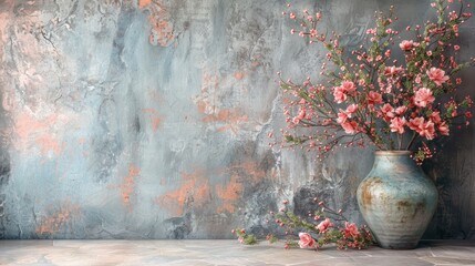 Pink flowers in a vase on a marble table against a textured wall