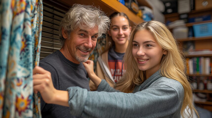 A telephoto angle photo of a student and parent working together to hang curtains or blinds in the dorm room, adding privacy and comfort, with copy space