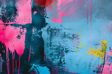 Messy paint strokes and smudges on an old painted wall background. Abstract wall surface with part of graffiti. Colorful drips, flows, streaks of paint and paint sprays