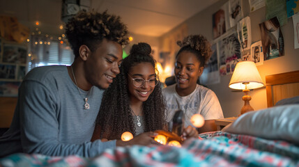 A telephoto angle photo of a student and their parent adjusting lighting and lamps in the dorm room, creating a comfortable atmosphere, with copy space