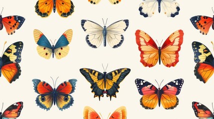 Detailed and colorful vintage butterfly species seamless pattern