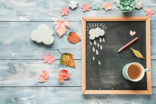 Blackboard with a weather forecast and seasons, geography lesson, practical learning