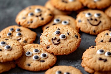 Playful chocolate chip cookies adorned with candy eyes and icing smiles on a grey surface