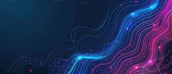 Abstract colorful technology background featuring flowing lines and dots on a dark blue backdrop, ideal for digital, tech, and design projects.