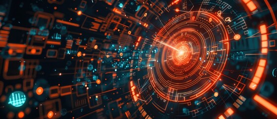 Obraz premium Futuristic digital technology background with glowing circuits, abstract cyber pattern and vibrant colors. Perfect for tech and innovation concepts.