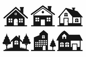 House icon set, Collection home icons. Set of real estate objects and houses black icons isolated on white background. Vector illustration.
