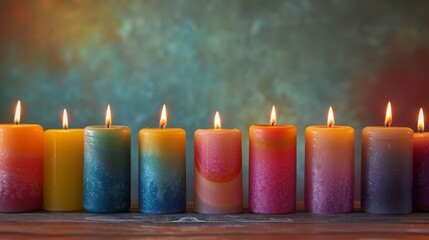 Multicolored burning candles on a wooden table against a blurred background