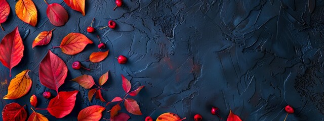 Colorful Autumn Leaves Scattered on Dark Blue Background Artistic Seasonal Design 