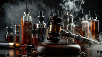 Court gavel and vape device with liquid and bottle, Legal act to restrict vaping, outlaw smoking electronic cigarettes idea, vape ban legislation conceptual, on black background with smoke.