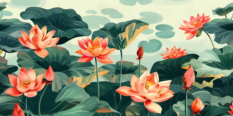 summer landscape with water lilies on lake surface. Cartoon vector mountains lake scenery with pond with pink lotus flowers and leaf pad wallpaper layout