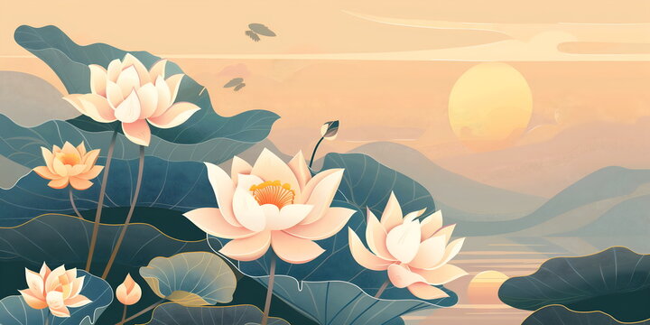 summer landscape with water lilies on lake surface. Cartoon vector mountains lake scenery with pond with pink lotus flowers and leaf pad wallpaper layout