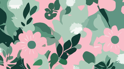 Simple monochrome pink and green two-tone seamless pattern with flowers