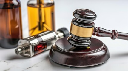 Court gavel and vape device with liquid and bottle, Legal act to restrict vaping, outlaw smoking electronic cigarettes idea, vape ban legislation conceptual, on white background.
