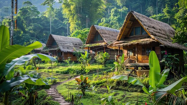 A lush green landscape with a cottage nestled in nature. AI generated illustration